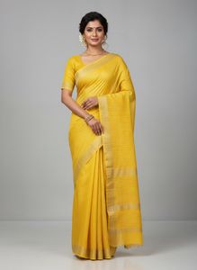 Bright Yellow Saree with Striped Detail Pallu