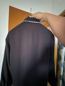 Black Button-Up Shirt with Scalloped Trim