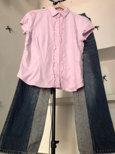 Pink Ruffled Button-Up Shirt💗🎗️