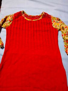 Vibrant Red Kurta with Floral Sleeves