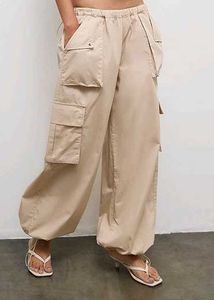 Beige Wide Leg Cargo Pants