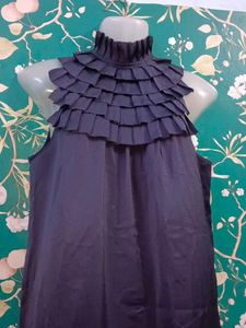 Chic Navy Ruffle Neck Sleeveless Top