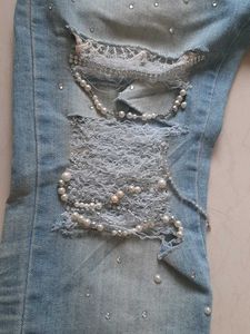 Distressed Jeans with Pearl &amp; Lace Detail