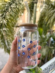 Evil Eye Glass Tumbler with Straw