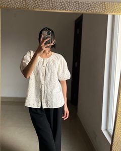 White Polka Dot Puff Sleeve Top