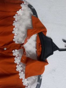 Chic Orange Lace Trim Blouse