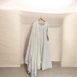 White Party Wear Anarkali Gown &amp; Dupatta