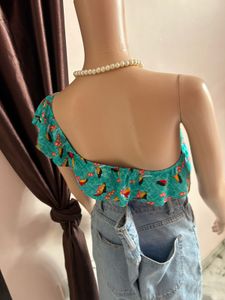 Teal Bird Print One Shoulder Bikini Top