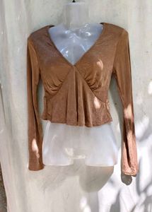 32279. Chic Brown Long Sleeve Plunge Neck Top