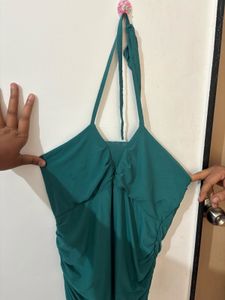 Elegant Teal Ruched Halter Neck Dress