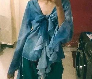 Blue Tie-Front Chiffon Top
