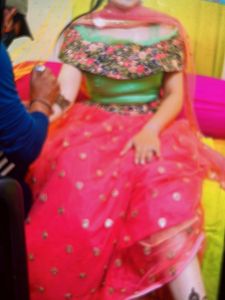 Lehenga Peach Color With Green Off Shoulder Blouse Fitting Margin Available