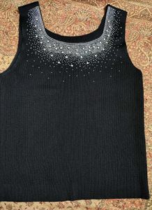Premium Black Ribbed Top with Stunning Rhinestone