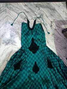 Green &amp; Black Checked Ethnic Gown