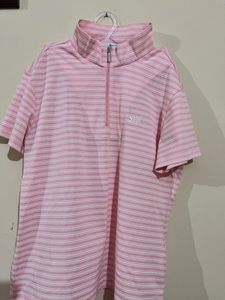 Pink Striped Quarter Zip Polo Shirt (good for gym
