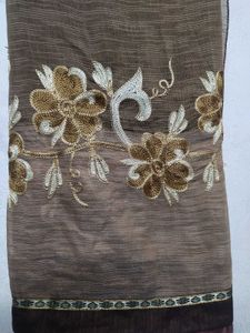 Brown Embroidered Cotton Saree