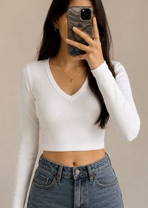 Ribbed V-Neck Long Sleeve Crop Top