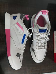 White Sneakers with Blue &amp; Pink Accents