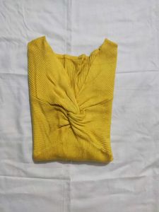 Mustard Yellow Ribbed Twist Front Top