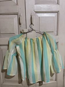 Striped Off-Shoulder Bell Sleeve Top