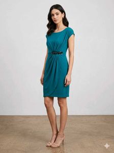 Teal Ruched Dress with Embellished Waist