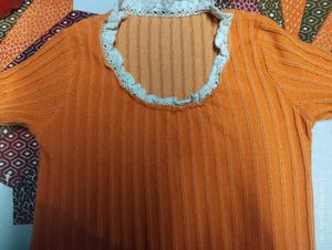 Orange Ribbed Top with Lace Tr