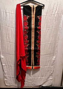 Elegant Black Kurta with Red Floral Embroidery