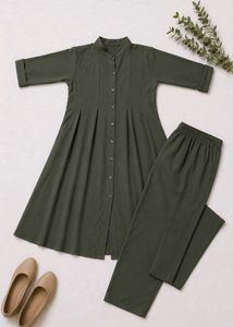 Olive Green A-Line Kurti Top With Pant Set