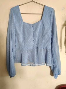 Light Blue Swiss Dot Peplum Top