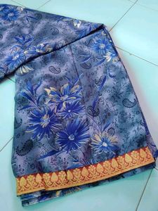 Blue Printed Saree With Unstitched Blouse