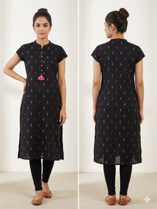 Black Printed Kurta with Pink Tassel