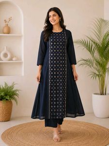 Elegant Navy Blue Kurta Set with Golden Print