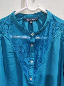 Teal Lace Detail Button-Up Blouse