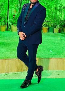 Men's Navy Blue Blazer with Embellished Collar