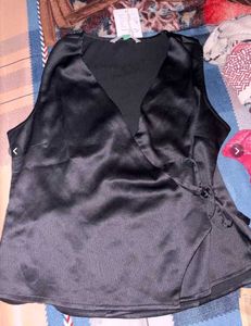Sleek Black Satin Wrap Top