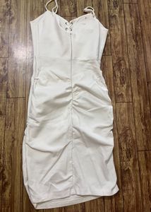 Chic White Lace-Up Ruched Bodycon Dress