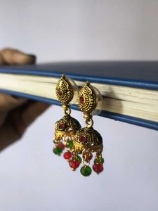 Rustic Gold Jhumka With Red and Green Beads