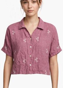 Embroidered Button-Up Crop Top