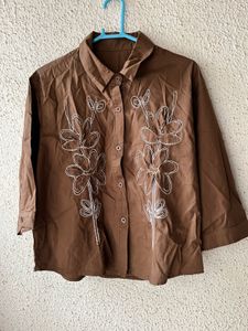 Brown Floral Embroidered Button-Up Shirt