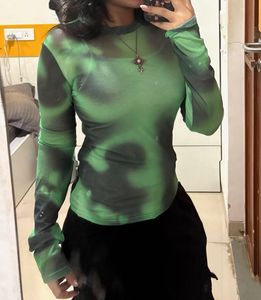 Y2k Edgy Abstract Green Mesh Long Sleeve Top
