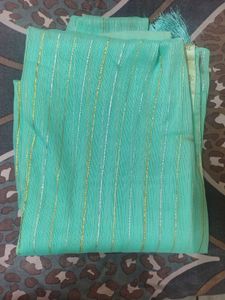 Elegant Teal Saree with Gold Stripes