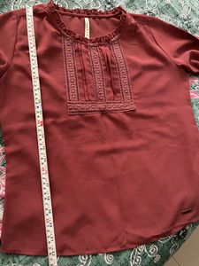 Solid Round Neck Brown Top For Women
