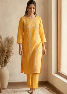 W Yellow Embroidered Kurti Set