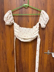 Cream Red Polka Dot Off-Shoulder Crop Top