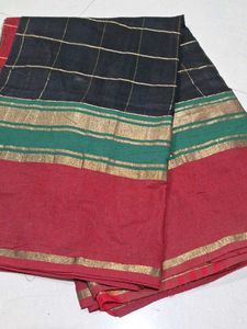 Elegant Black & Red Checked Saree