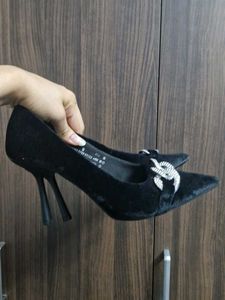 M&amp;S Black Velvet Heels with Rhinestone Buckle