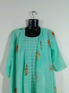 Sea Green Printed Overcoat Style Kurta Set