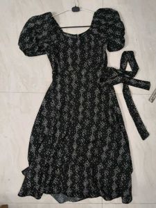 Black Midi Dress With Waist Tie