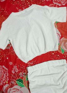 White Textured Crop Top and Ruched Skirt Set