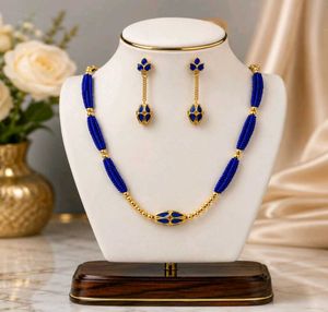 Elegant Blue Beaded Necklace & Earring Set | Gold